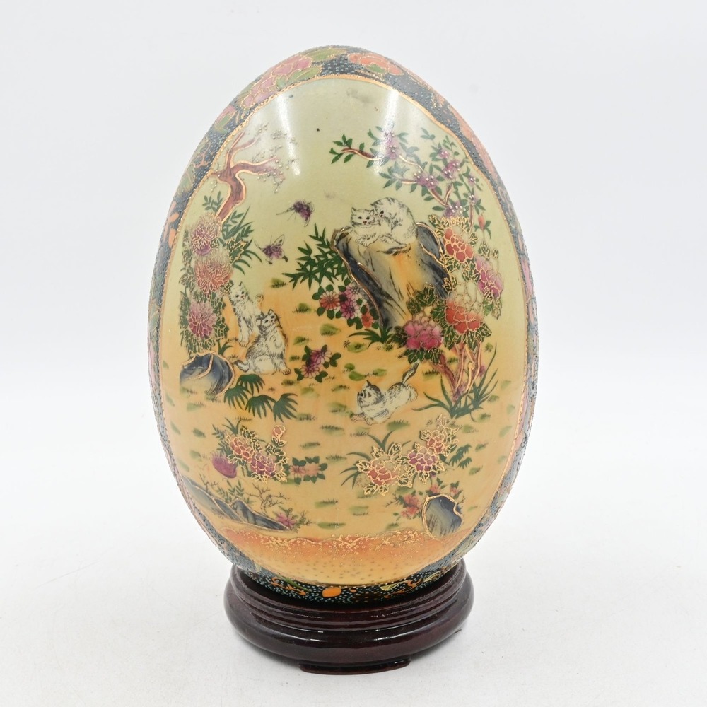 Satsuma Style Ceramic Egg Hand Painted Cat Kitten Scene Wood Stand Vintage